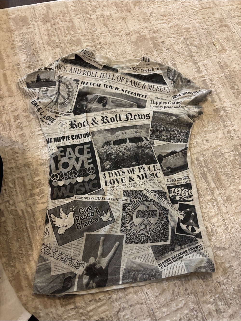 Women’s Graphic Tee - Grey Peace & Love Newspaper Print